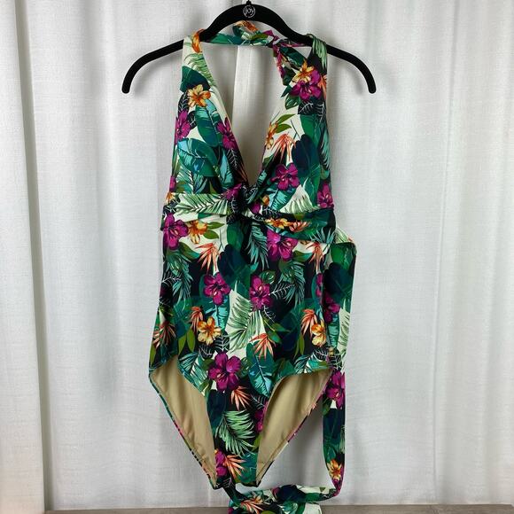 Swimsuits For All Green&Purple Tropical Halter Tie One Piece Swimsuit Sz.16 - Picture 4 of 16